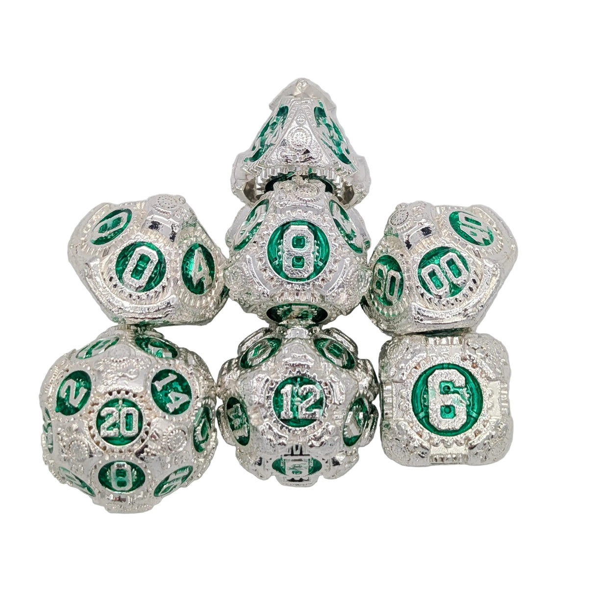 Gears Silver and Green Metal Dice Set