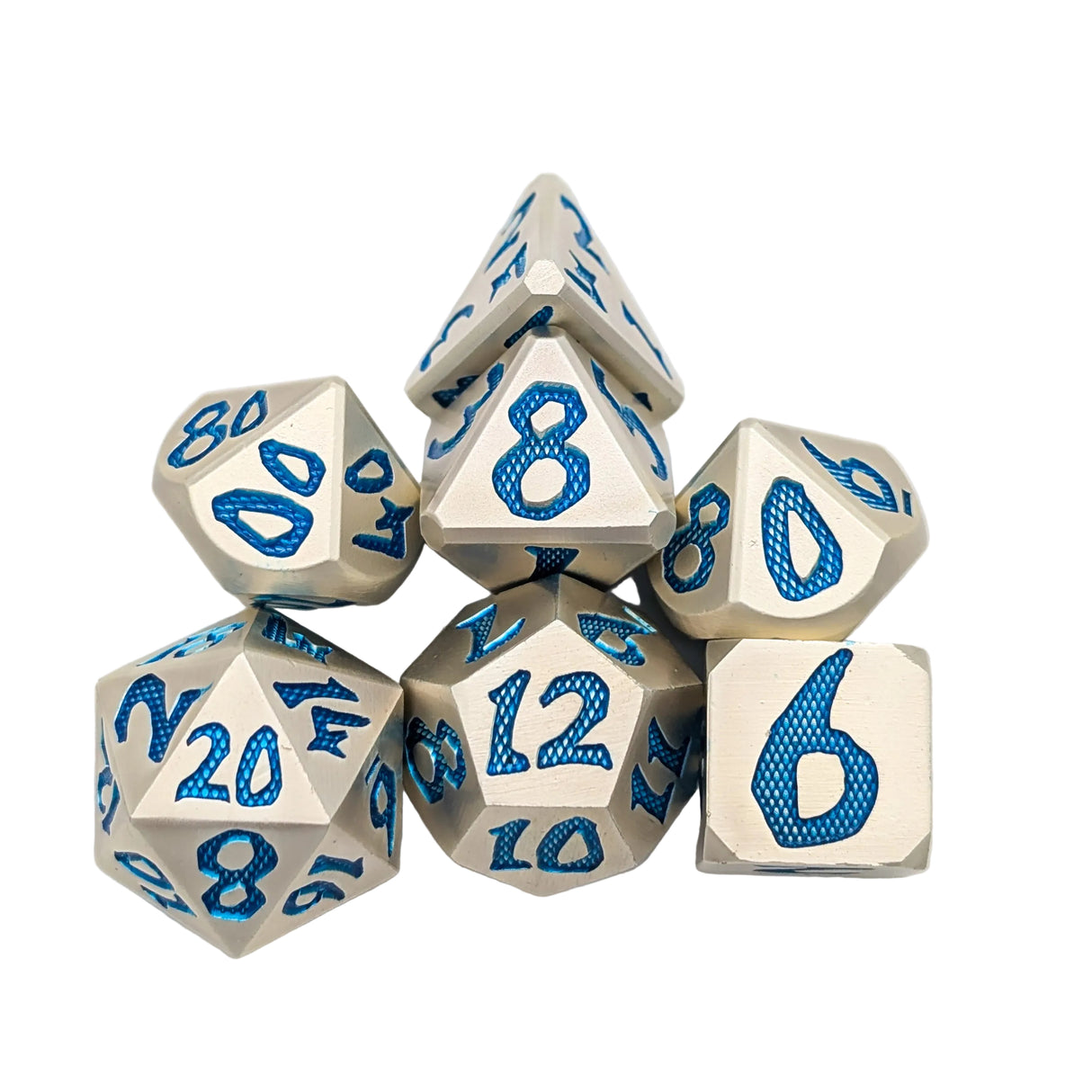 Large Number Silver and Blue Metal Dice Set
