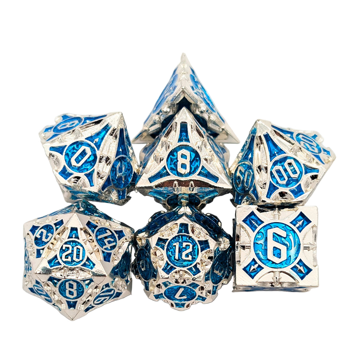 Point Silver and Blue Metal Dice Set