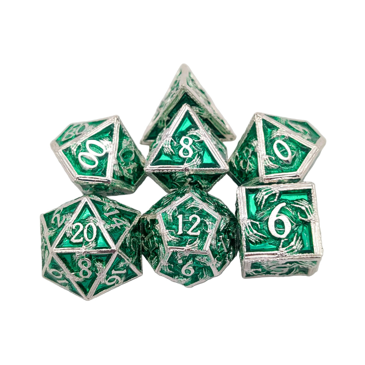 Skeleton Green and Silver Metal Dice Set