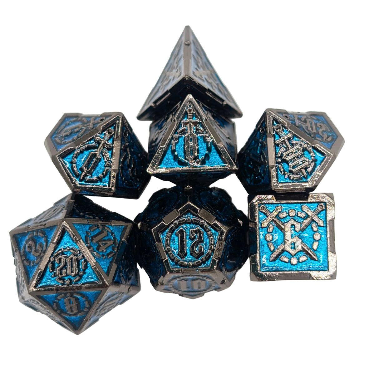 Swords Blue and Silver Metal Dice Set