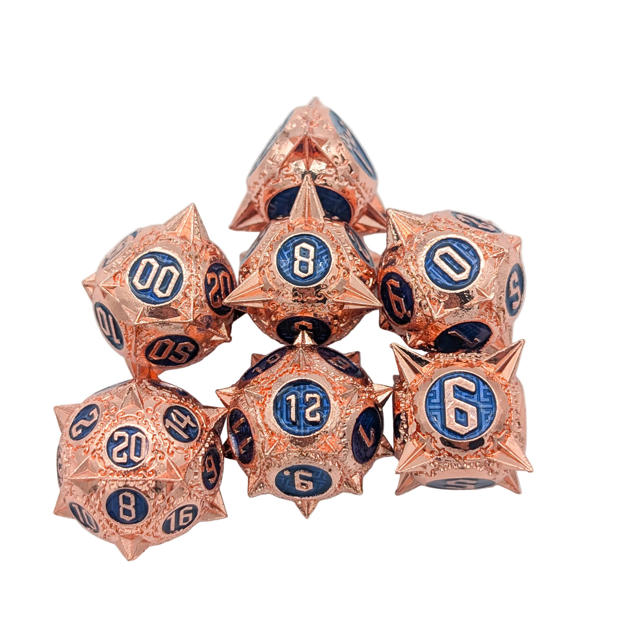 Caltrops Copper and Blue Metal Dice Set