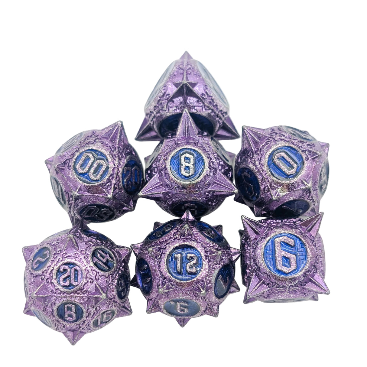 Caltrops Purple and Blue Metal Dice Set