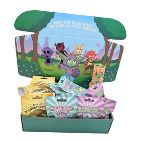Wholesale Booster Box of dice with colorful packaging featuring cartoon characters and a scenic background.
