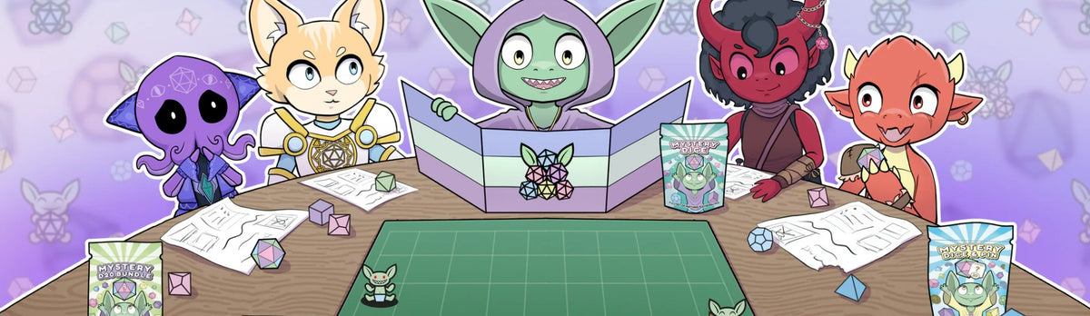 Cartoon characters rolling dice with colourful designs promoting bulk polyhedral dice sets UK.