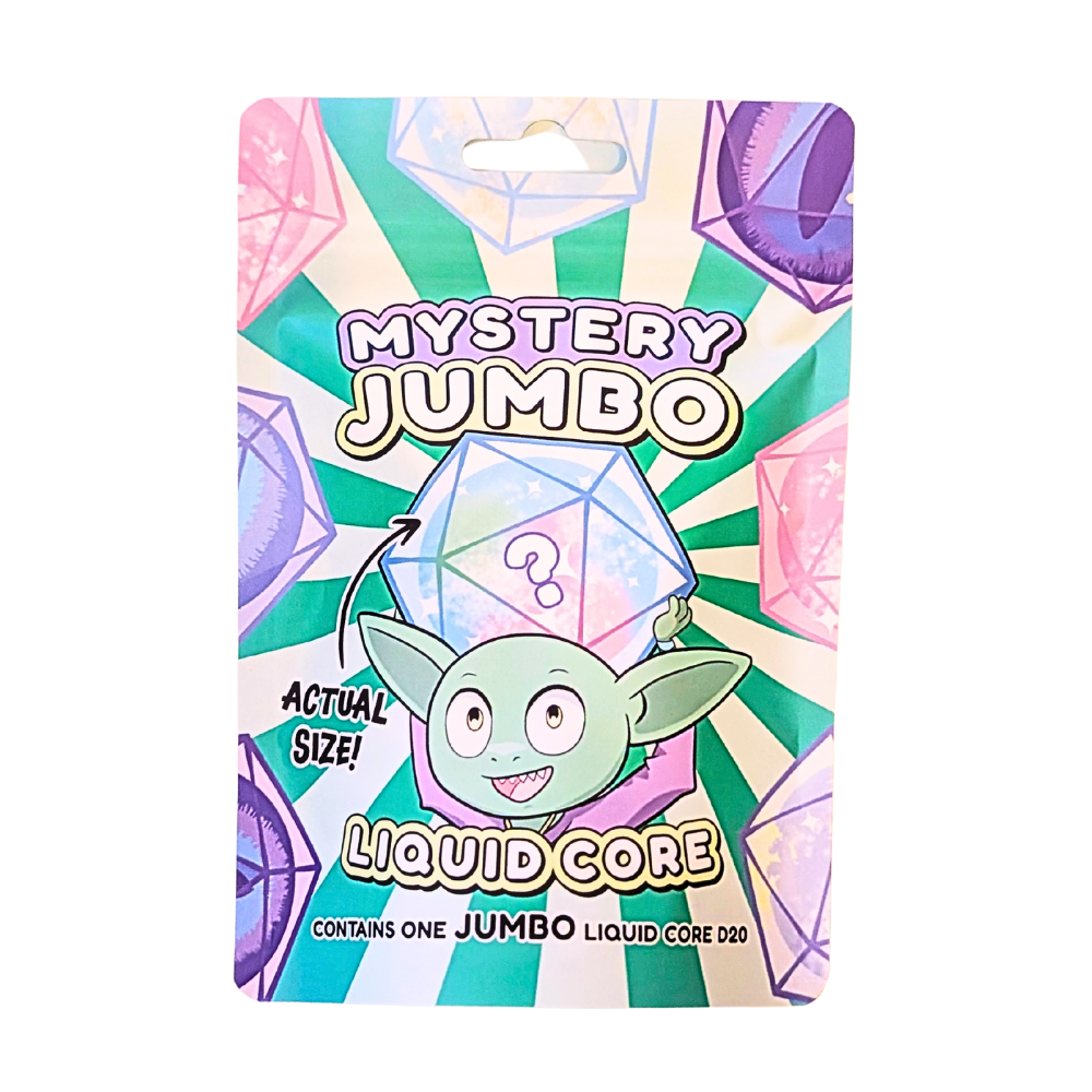 Large size green Mystery Dice packaging with a cartoon goblin holding dice on a white background